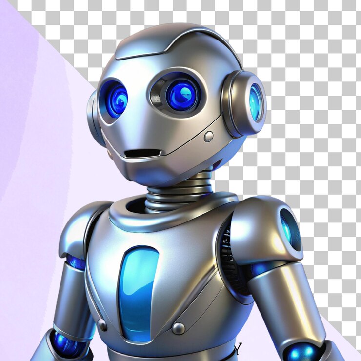 PSD ilustración de robots en 3d con luces plateadas y azules brillantes