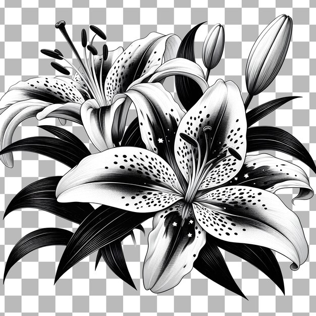 PSD ilustración de una rosa con flores en lineart png en blanco y negro