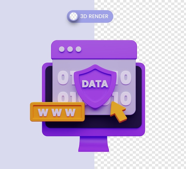 Ilustración de seguridad web 3d con código binario con protección de Internet