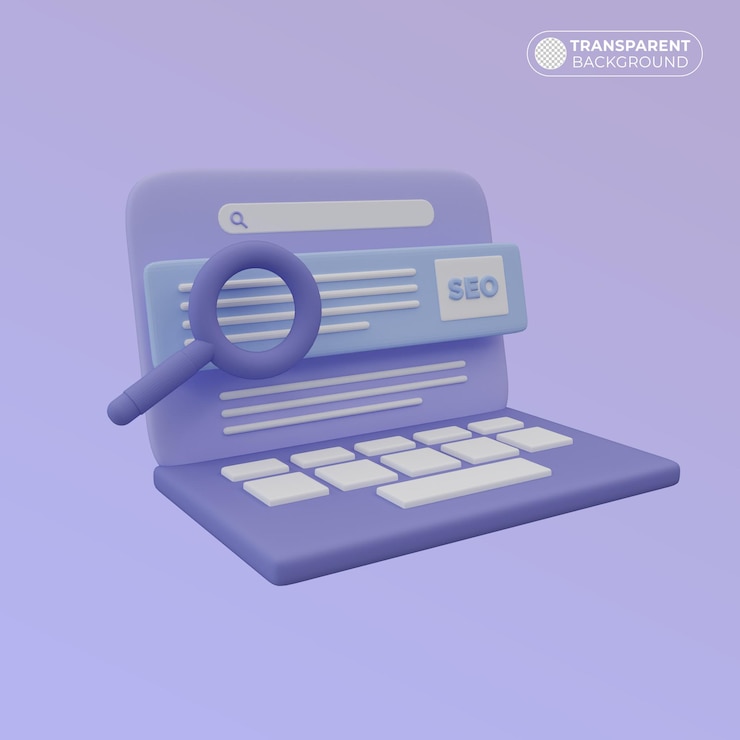 PSD la ilustración de seo en una computadora portátil púrpura aparece en la página superior en 3d render