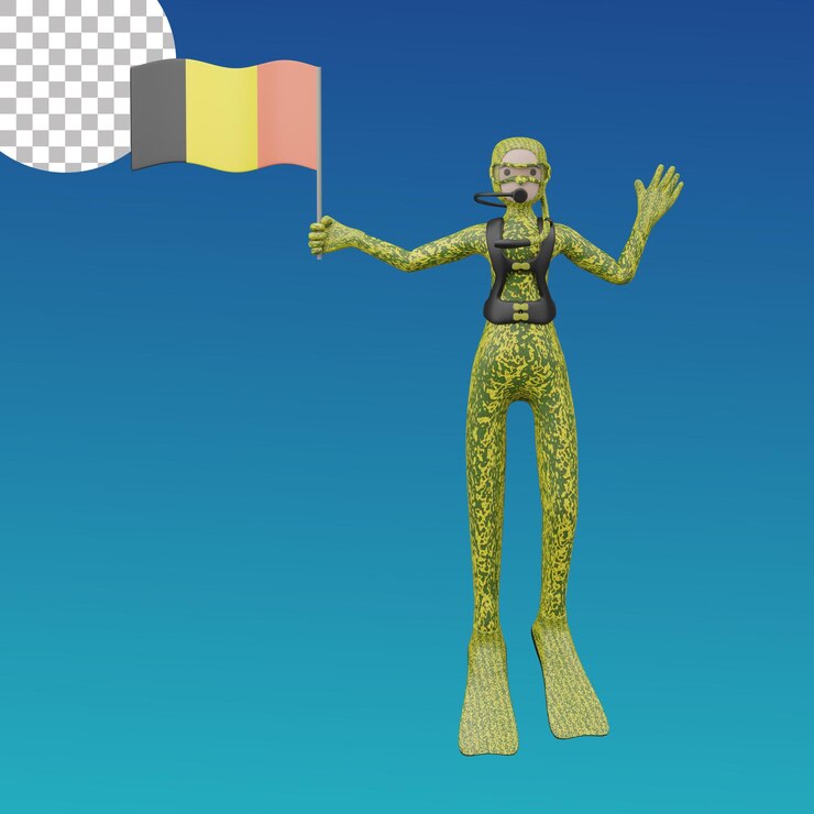 Ilustración de soldado submarino 3d con bandera belga