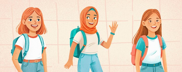 Ilustración texturizada de tres escolares amistosas que simbolizan la amistad y la inclusión