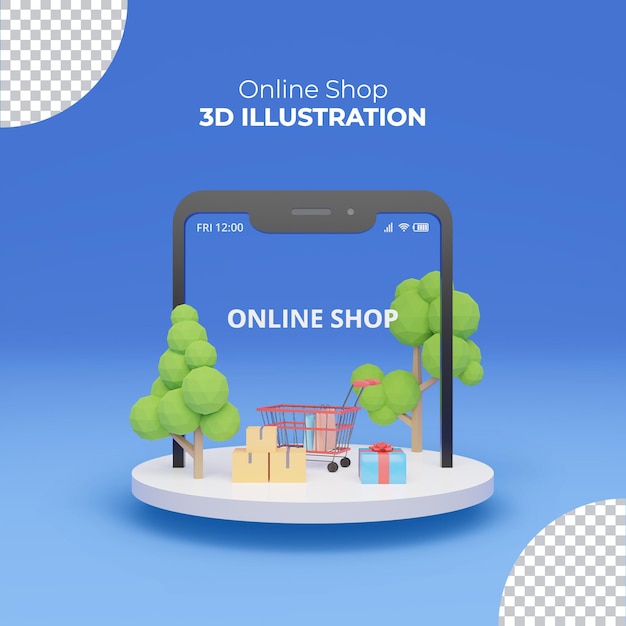 PSD ilustración de la tienda online caja de regalo de representación 3d y carro sobre el fondo azul