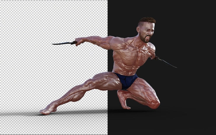 PSD ilustración de un tipo sin camisa en bragas azules mostrando su cuerpo musculoso y sosteniendo una daga gemela