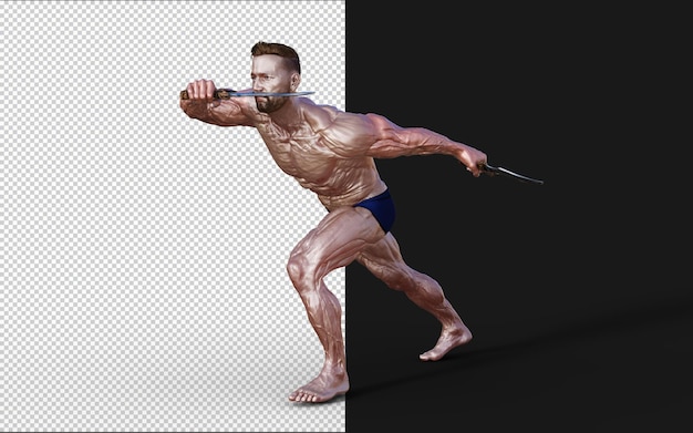 PSD ilustración de un tipo sin camisa en bragas azules mostrando su cuerpo musculoso y sosteniendo una daga gemela