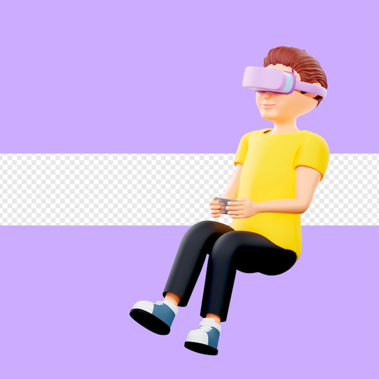 PSD ilustración de trama de hombre con gafas blancas de realidad virtual chico joven en una camiseta amarilla realidad aumentada metaverso vr casco proyección holográfica 3d renderizado ilustraciones para negocios