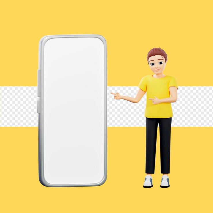 PSD ilustración de trama de un hombre parado al lado del teléfono. un joven con una camiseta amarilla señala con el dedo un teléfono inteligente gigante que anuncia una nueva pantalla de tecnología de modelo de teléfono.