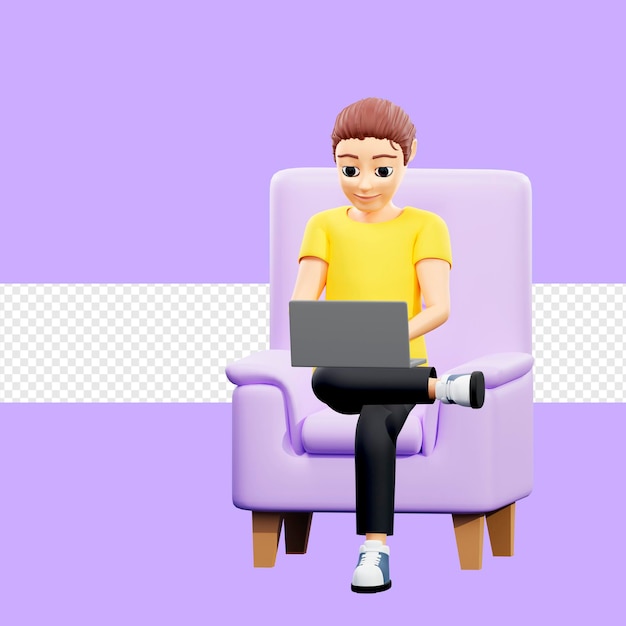 Ilustración de trama de un hombre sentado en el sillón de pie a pie y hace clic en la computadora. Un joven con una camiseta amarilla se sienta en una computadora portátil. El trabajo nocturno relaja las redes sociales. Navega por Internet. Render 3d.
