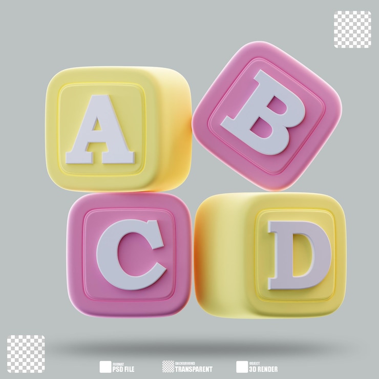 PSD ilustración tridimensional de bloques de alfabeto para juguetes