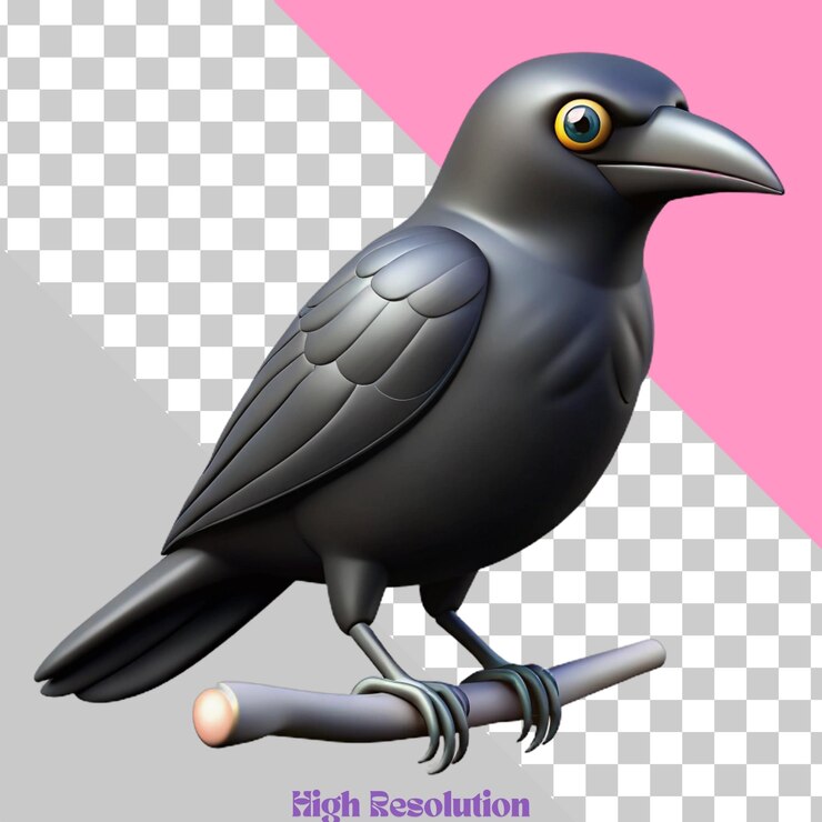 PSD ilustración tridimensional de un cuervo negro encaramado en una rama