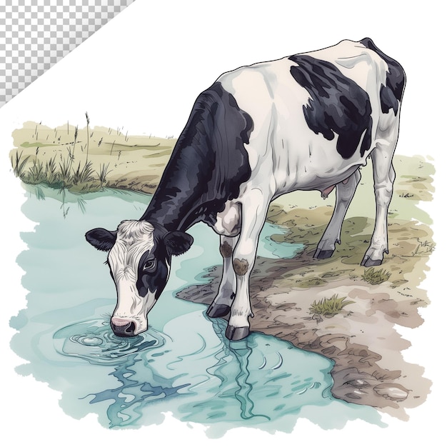 PSD una ilustración de una vaca lechera bebiendo agua en un río