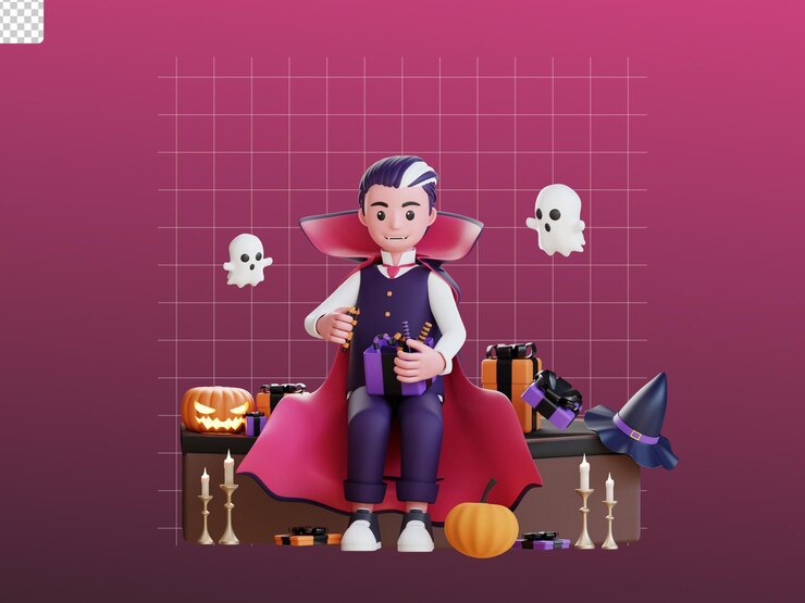 PSD ilustración de vampiro de halloween de personaje 3d caja de regalo sorpresa abierta