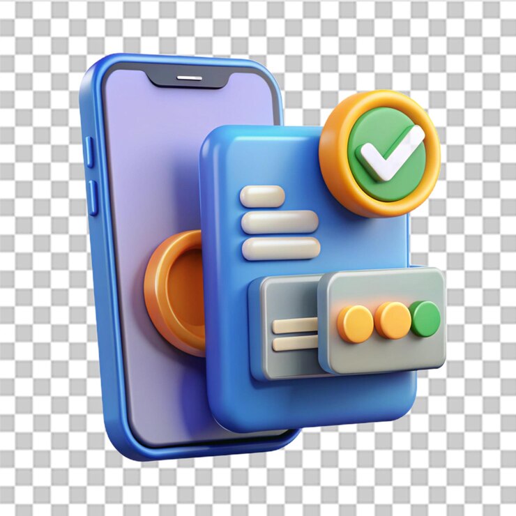 PSD ilustración vectorial 3d de un teléfono móvil con una marca de comprobación en la pantalla servicios financieros digitales y compras en línea banca en internet