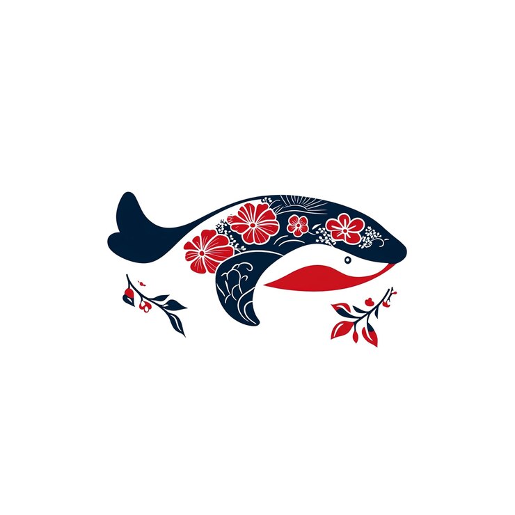 PSD ilustración vectorial de ballena adornada con flores rojas azul oscuro y rojo