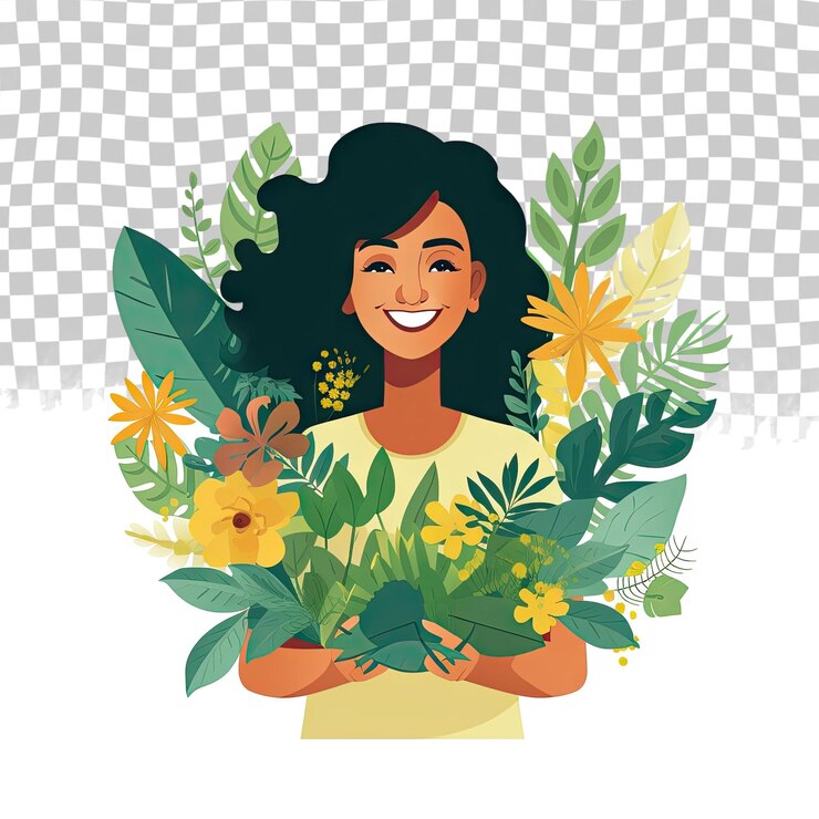 PSD ilustración vectorial creativa de una mujer positiva que lleva varias plantas y sonríe contra el transpare