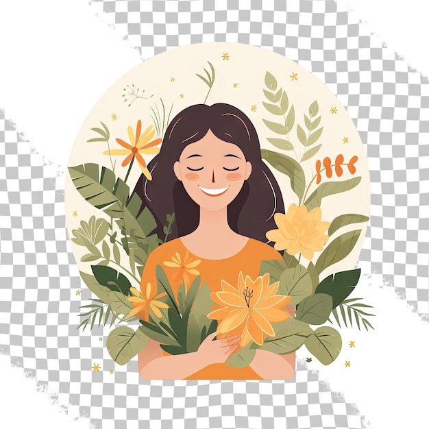 PSD ilustración vectorial creativa de una mujer positiva que lleva varias plantas y sonríe contra el transpare