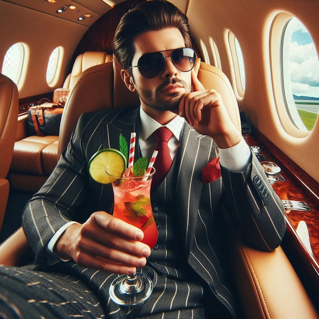 PSD ilustración vectorial hiperrealista de mafiosos sentados en un jet privado en un traje de negocios cóctel