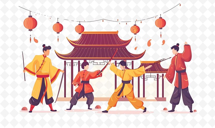 PSD una ilustración vectorial de hombres en ropa tradicional con linternas y linternas