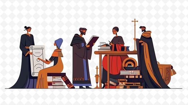 una ilustración vectorial de una iglesia con un hombre leyendo un libro y una mujer leyendo un Libro