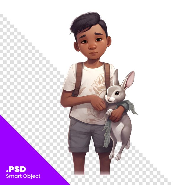 Ilustración vectorial de un niño con un conejo en una plantilla psd de fondo blanco