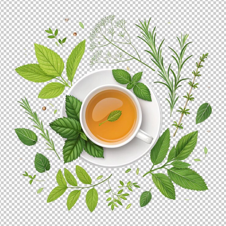 PSD ilustración vectorial de té de fondo de hierbas orgánicas bebida verde fresca de la naturaleza hoja de bebida