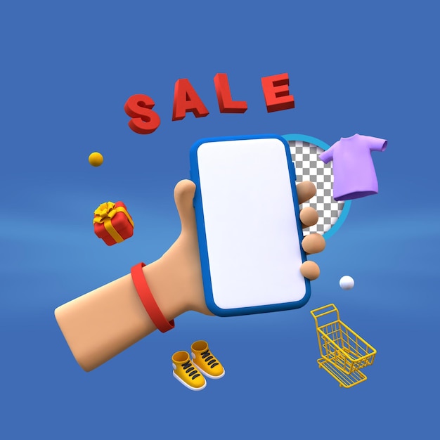 Ilustración de venta de renderizado 3d con mano sosteniendo smartphone