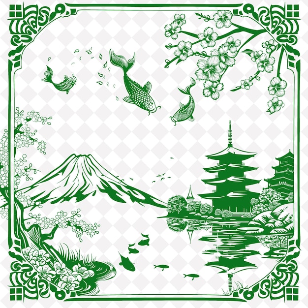 PSD una ilustración verde y blanca de una pagoda y pagodas