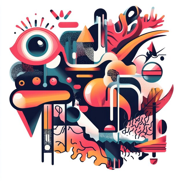 Ilustración vibrante abstracta con formas orgánicas del ojo y elementos geométricos