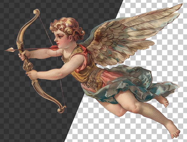 PSD ilustración vintage de un cupido con arco y flecha en vuelo en fondo transparente png