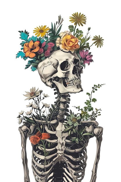 Ilustración vintage de un esqueleto con flores en la cabeza