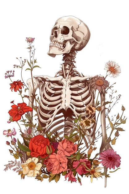 Ilustración vintage de un esqueleto con flores