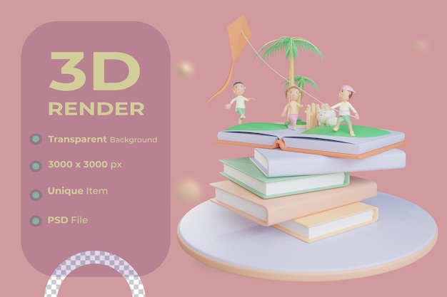Ilustración de vuelo de cometas de libro infantil 3d con fondo transparente