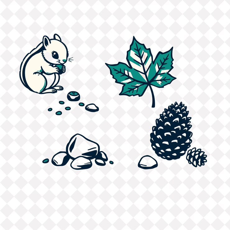PSD ilustraciónchipmunk maple leaf rock pinecone una chimpancé recogiendo comida una hoja de arce en intrincado