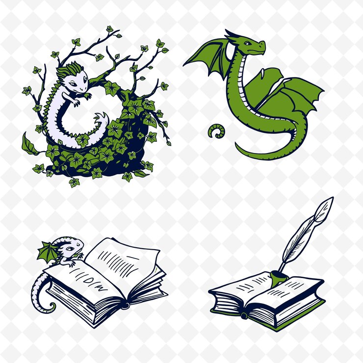 PSD ilustracióndragons ivy books quills pequeños dragones enroscándose alrededor de iv coloreo creativo naturaleza sety