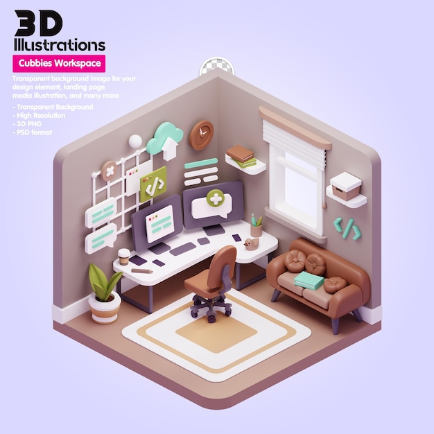 Las ilustraciones 3d del espacio de trabajo estiran la silla y el escritorio de composición 3d