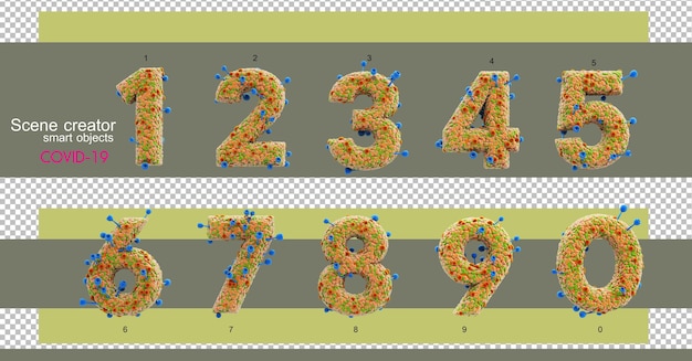 Ilustraciones 3D de varios números y letras con COVID-19