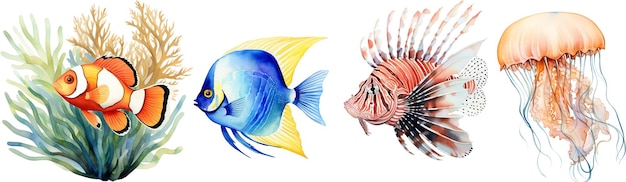 PSD ilustraciones en acuarela de arrecifes de coral y peces tropicales