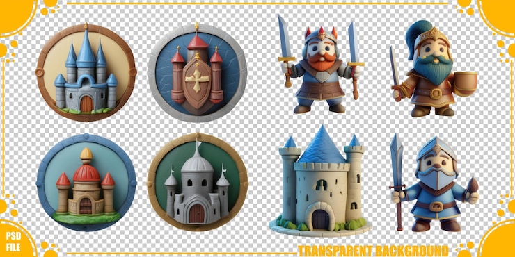 PSD ilustraciones coloridas de personajes y castillos medievales