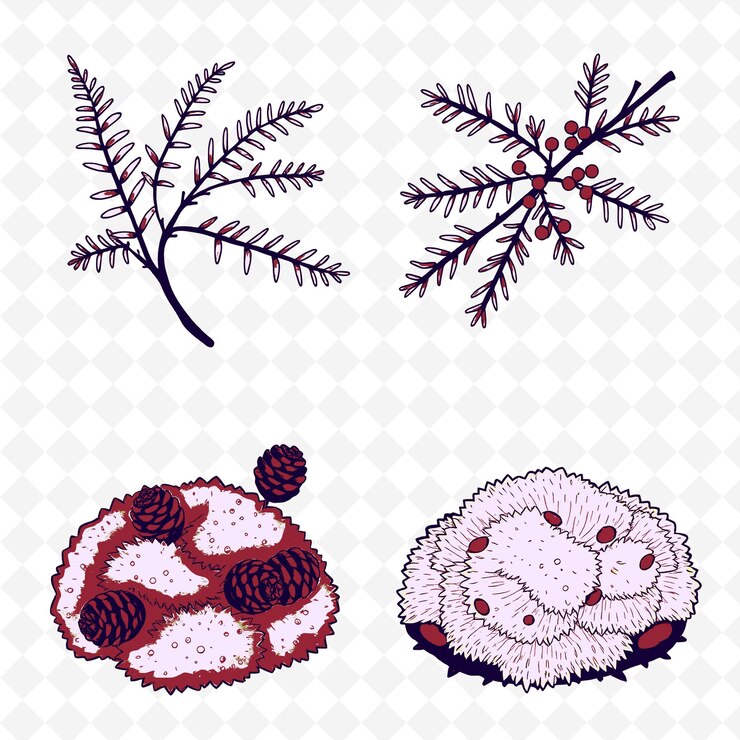 PSD ilustraciónferns ramas piñeiras conos musgo helechos desplegándose en el sh colorante creativo naturaleza seta