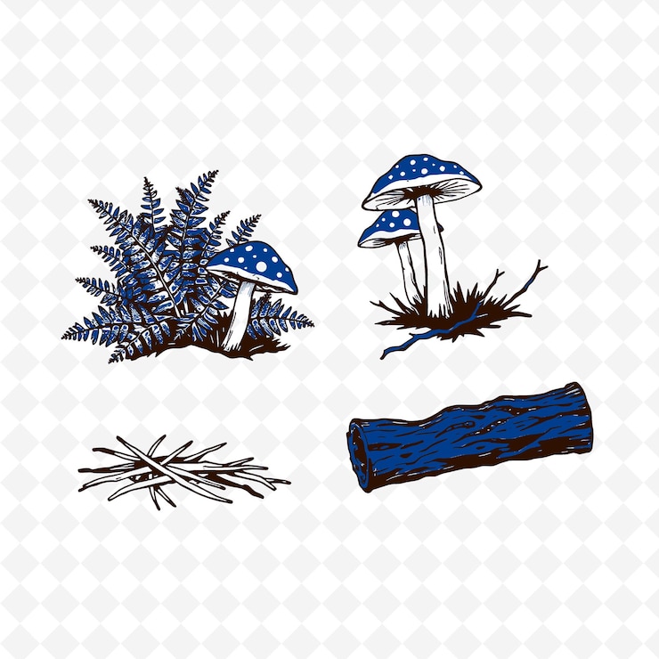 PSD ilustraciónferns setas ramas corteza helechos que se extienden en gruesos racimos coloración creativa la naturaleza se establece
