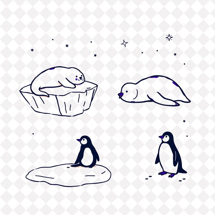 PSD ilustraciónfocas flotando en el hielopenguinos copos de nievefocas descansando en el hielofocas floantespenguinos vagando cerca