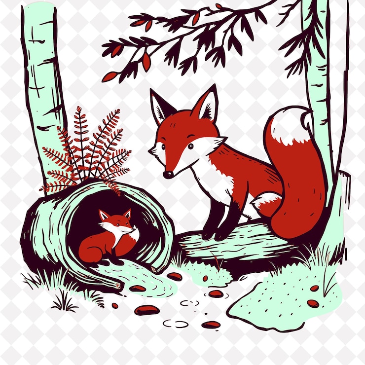PSD ilustraciónfox hollow log forest ferns woodland stream un zorro que emerge de un hollow log ferns br