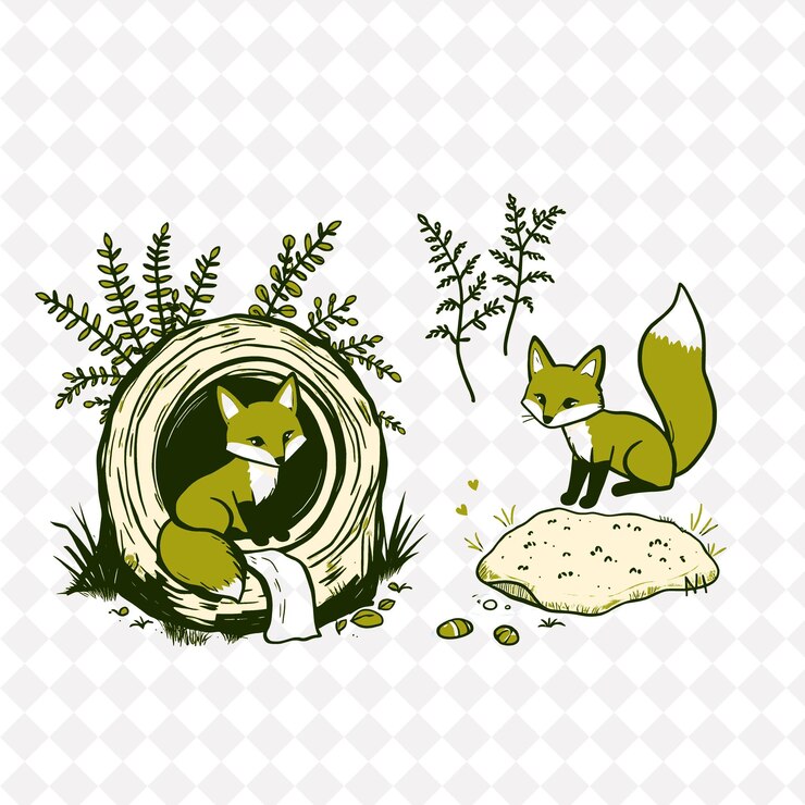 PSD ilustraciónfox hollow log forest ferns woodland stream un zorro que emerge de un hollow log ferns br