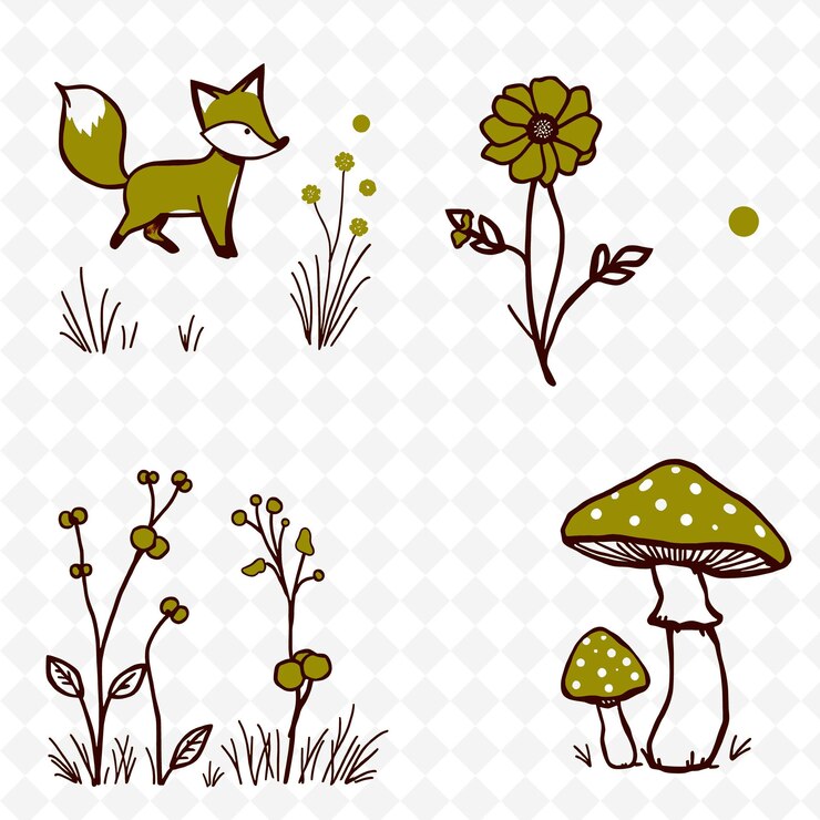PSD ilustraciónfox wildflower berry mushroom un zorro juguetón en movimiento wi coloreo creativo conjunto de naturaleza
