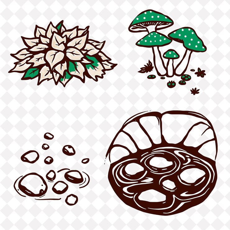 PSD ilustraciónhojas caídas setas pequeñas piedras lechos de ríos hojas caídas en capas en el suelo mu