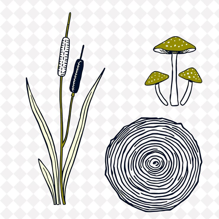 PSD ilustraciónhojas cattails setas anillos de árboles hojas delicadas con venas definidas cattails altos