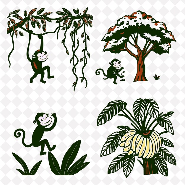 IlustraciónMonos en las copas de los árbolesBananas Mono juguetón balanceándose de las copos de los árboles en lo alto