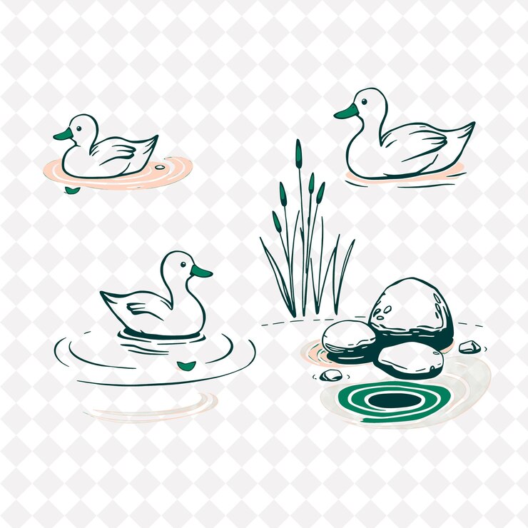 PSD ilustraciónpatos estanques cañas piedras patos nadando serenamente a través del estanque cañas de pie alto