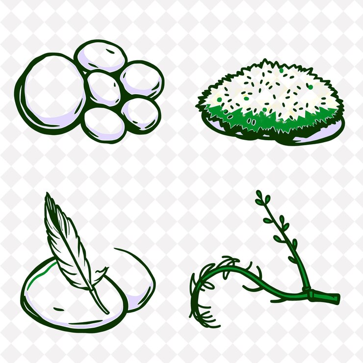 PSD ilustraciónpebbles moss feather twig gemas suavemente redondeadas con texturas suaves fluffy moss gen