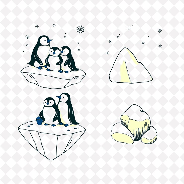 PSD ilustraciónpenguinos icebergs copos de nieve rocaspenguinos acurrucados juntos en icebergs copas de nieve